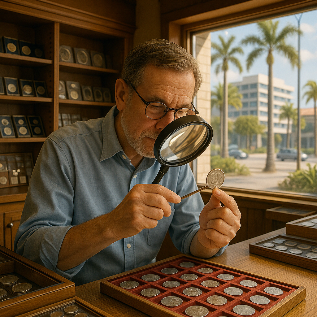 Experienced coin expert appraising a valuable coin in the Broward County shop.