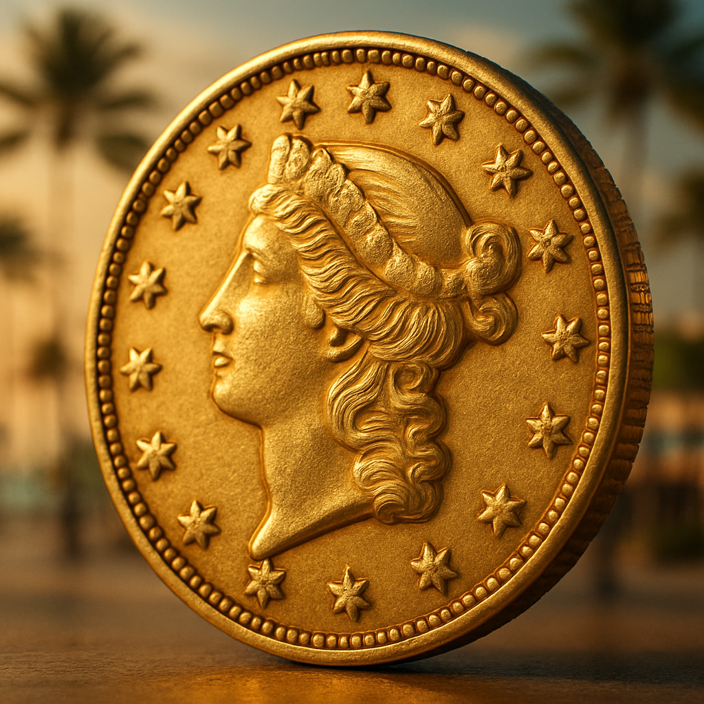 Close-up of a rare gold coin highlighting intricate design details and craftsmanship.