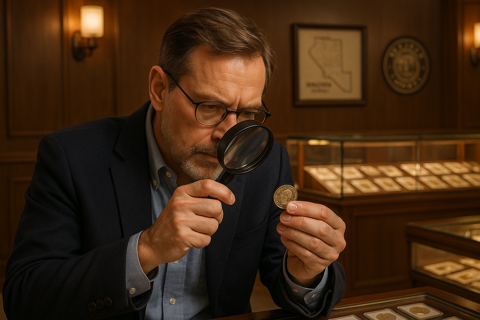Expert appraiser carefully examining a rare coin, reflecting Walton County's commitment to authenticity and professionalism.