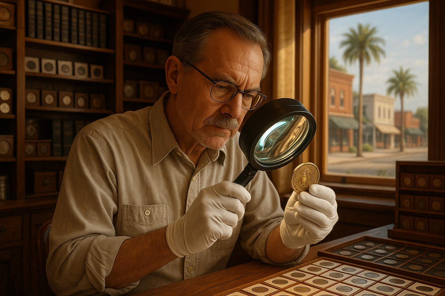 Experienced coin expert appraising a rare world coin with precision and care