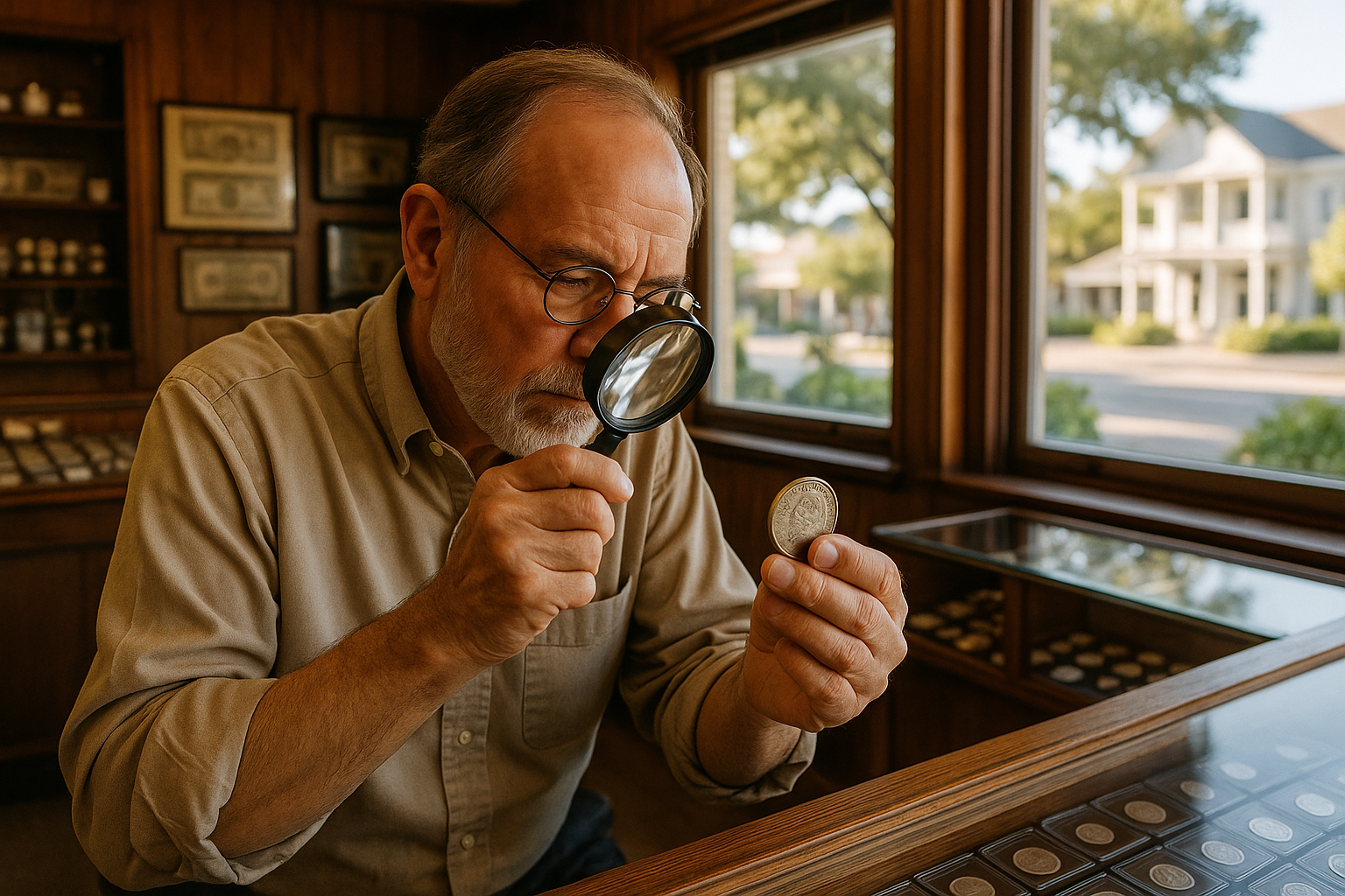 Expert appraiser examining a rare silver coin with a magnifying glass, ensuring authentic valuation.