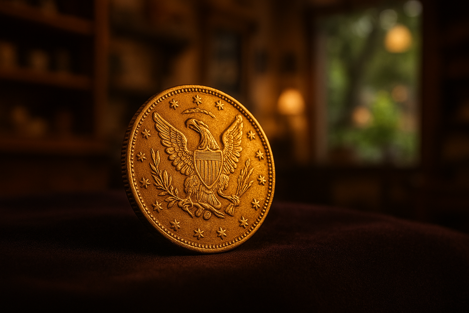 Showcase of a rare vintage gold coin shining under soft lighting, highlighting its intricate details.