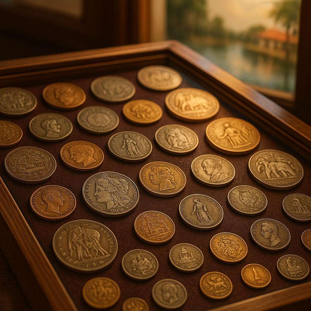 Display of diverse collectible coins neatly arranged, featuring historic and rare pieces from around the world.