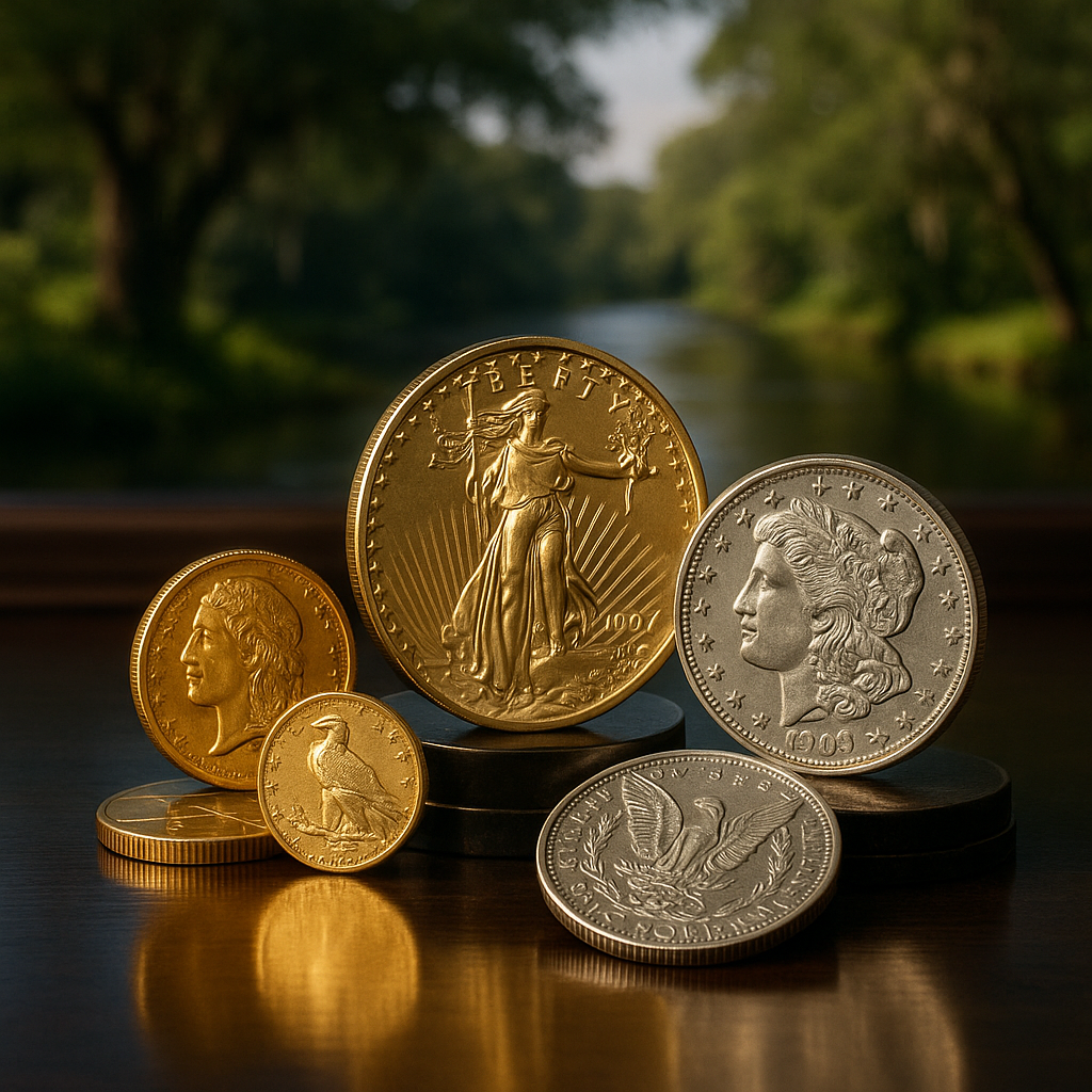 Elegant display of rare gold and silver coins arranged with spotlighting to highlight intricate details, showcasing the premium collection available at Dixie County's premier coin shop