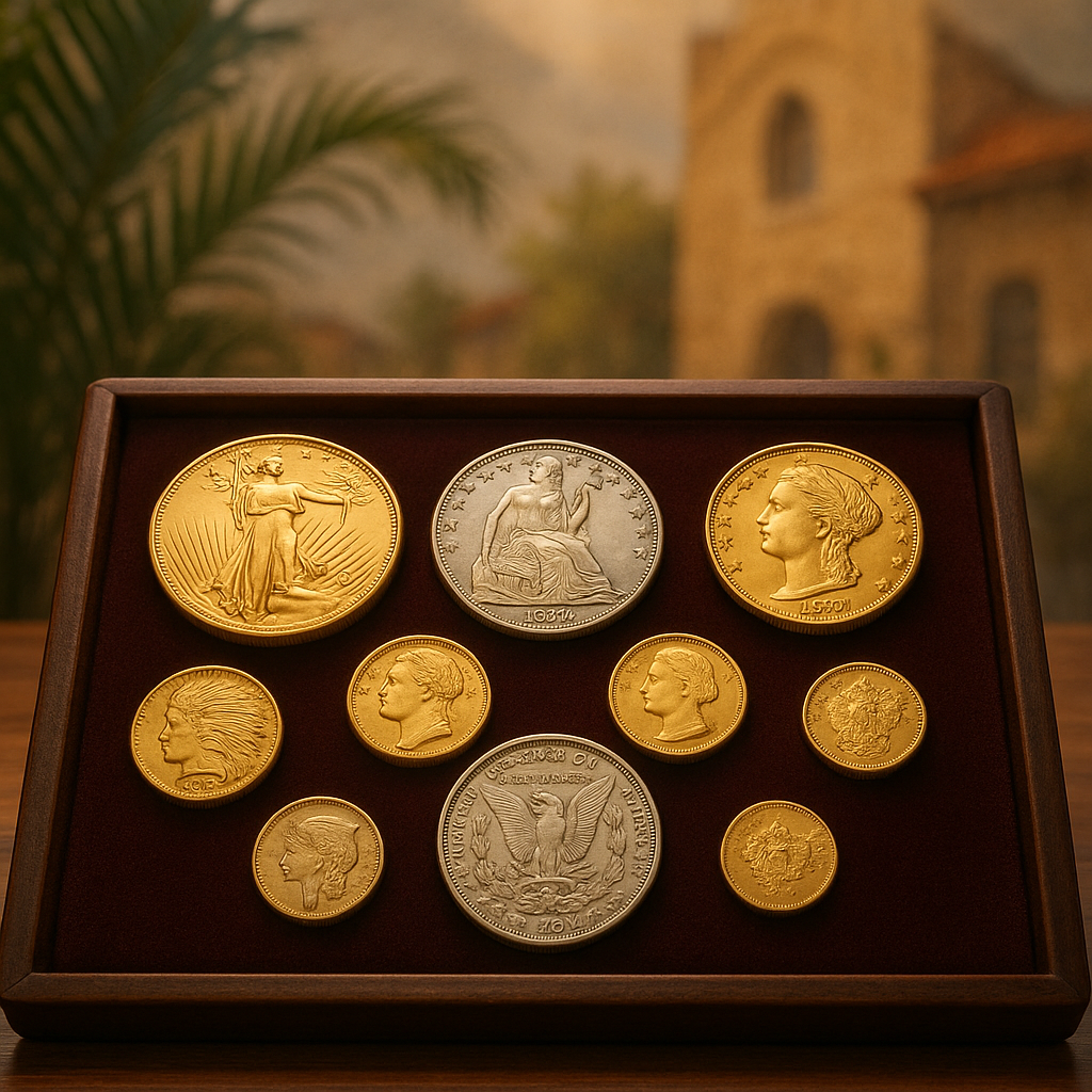 Elegant display of rare gold and silver coins arranged on a velvet-lined tray, showcasing the intricate details and craftsmanship treasured by serious collectors.
