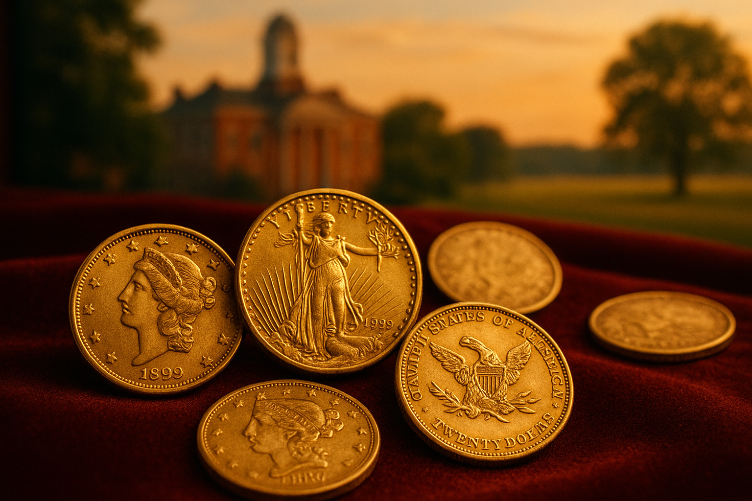 A close-up of a rare gold coin collection elegantly displayed on a velvet background, showcasing intricate details and historical significance
