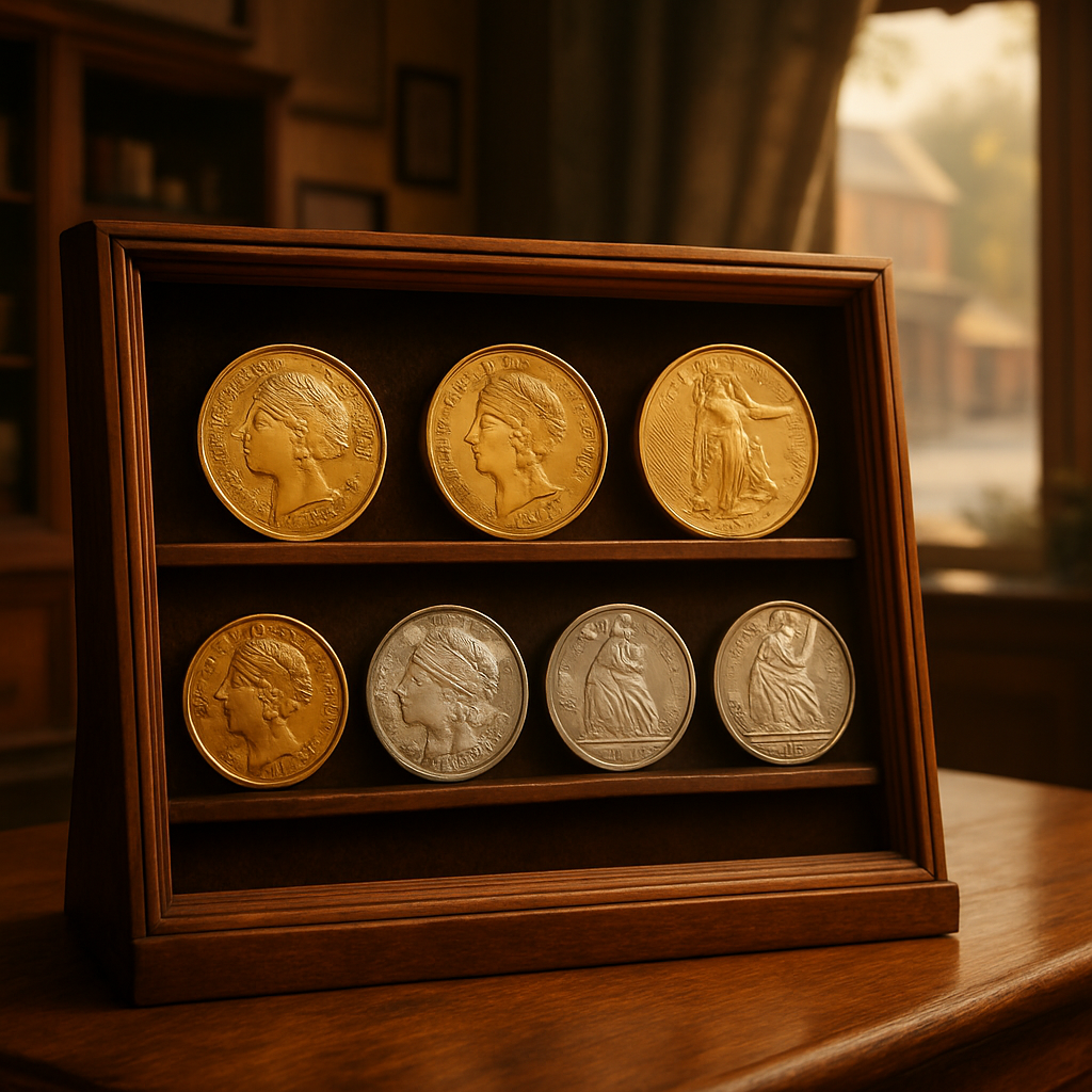 Rare gold and silver coins displayed elegantly in a wooden showcase under soft lighting, highlighting their intricate details and historical significance