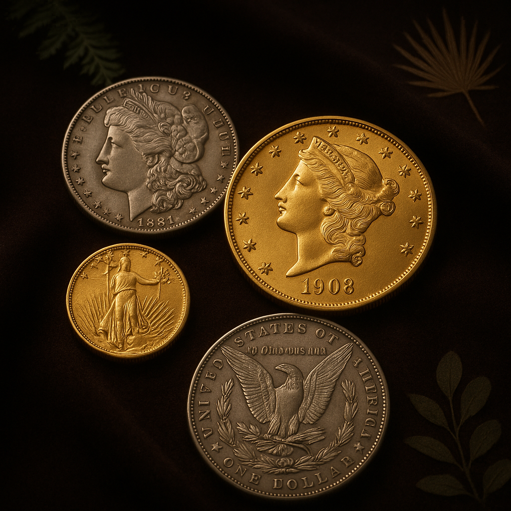 Elegant display of rare gold and silver coins, showcasing intricate details and craftsmanship, set against a dark velvet background to highlight their brilliance and appeal to serious collectors.