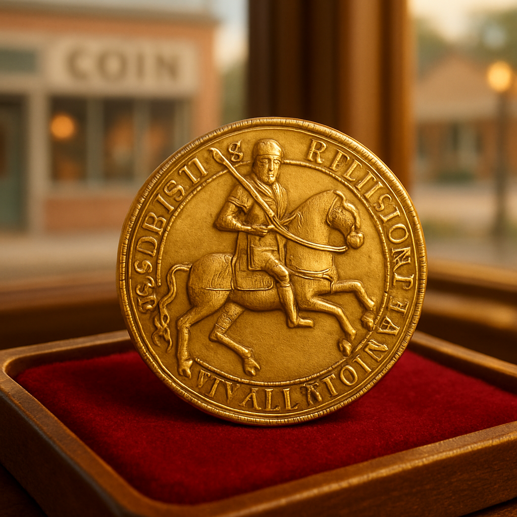Close-up of a rare gold coin with intricate historic engravings, displayed on a velvet-lined showcase