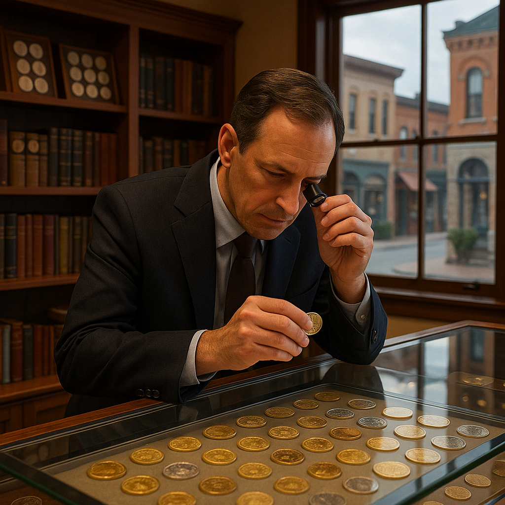 Elegant display of rare gold and silver coins with expert appraisal in progress, showcasing a professional and trustworthy rare coin shop environment.