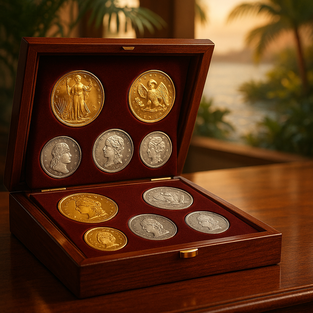Elegant display of rare gold and silver coins in a polished wooden case, highlighting intricate details and craftsmanship, representing Monroe County's trusted coin shop.