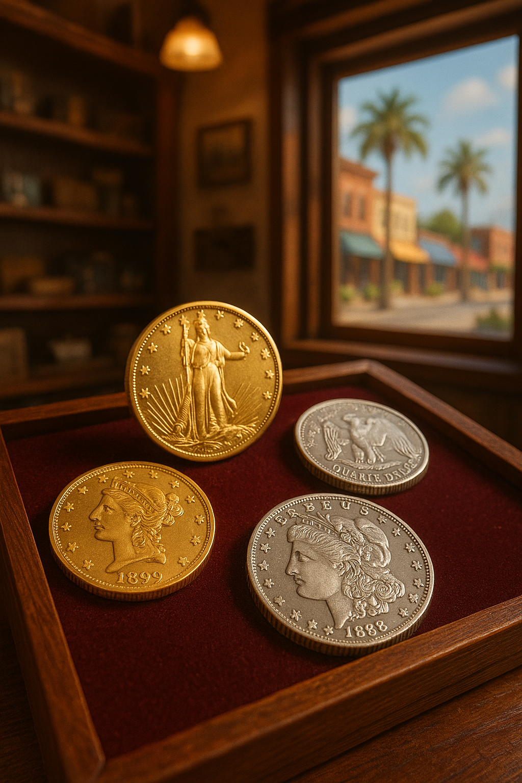 Close-up of rare and valuable gold and silver coins displayed elegantly on a velvet-lined wooden case, highlighting intricate details and craftsmanship