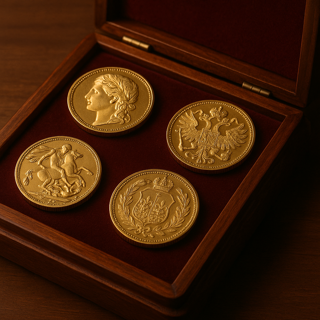 Rare gold coins displayed elegantly on a velvet-lined wooden case highlighting exquisite craftsmanship