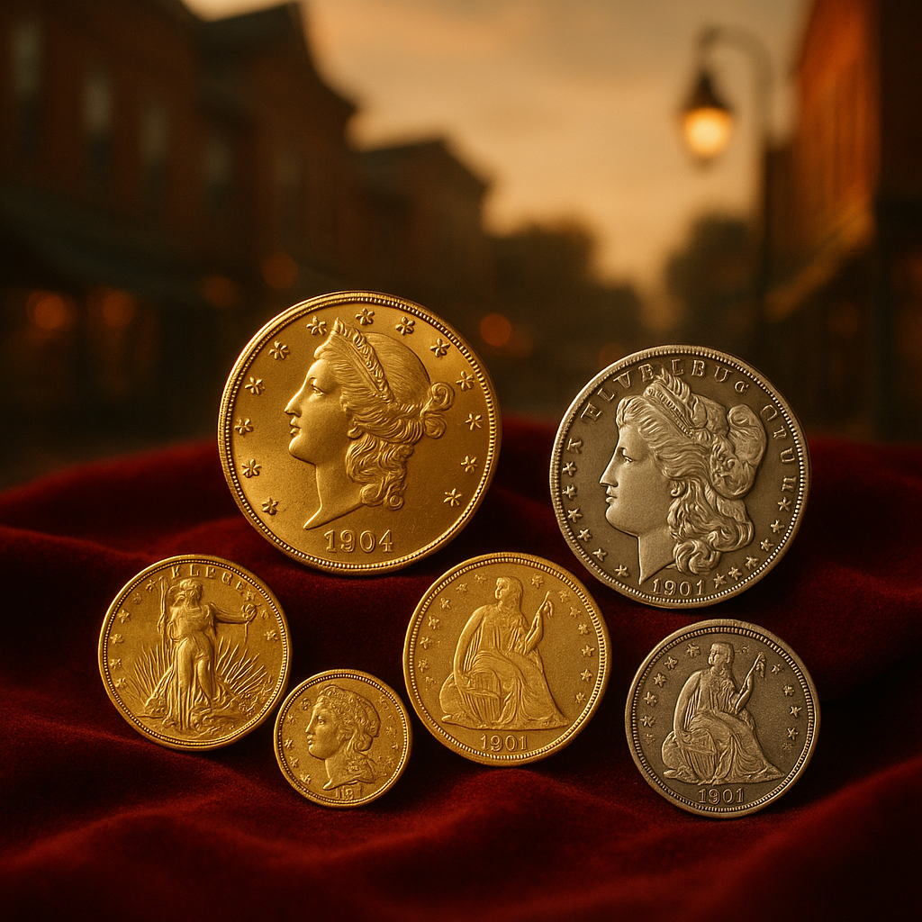 Rare gold and silver coins displayed elegantly on a rich velvet background, highlighting their intricate details and historical value