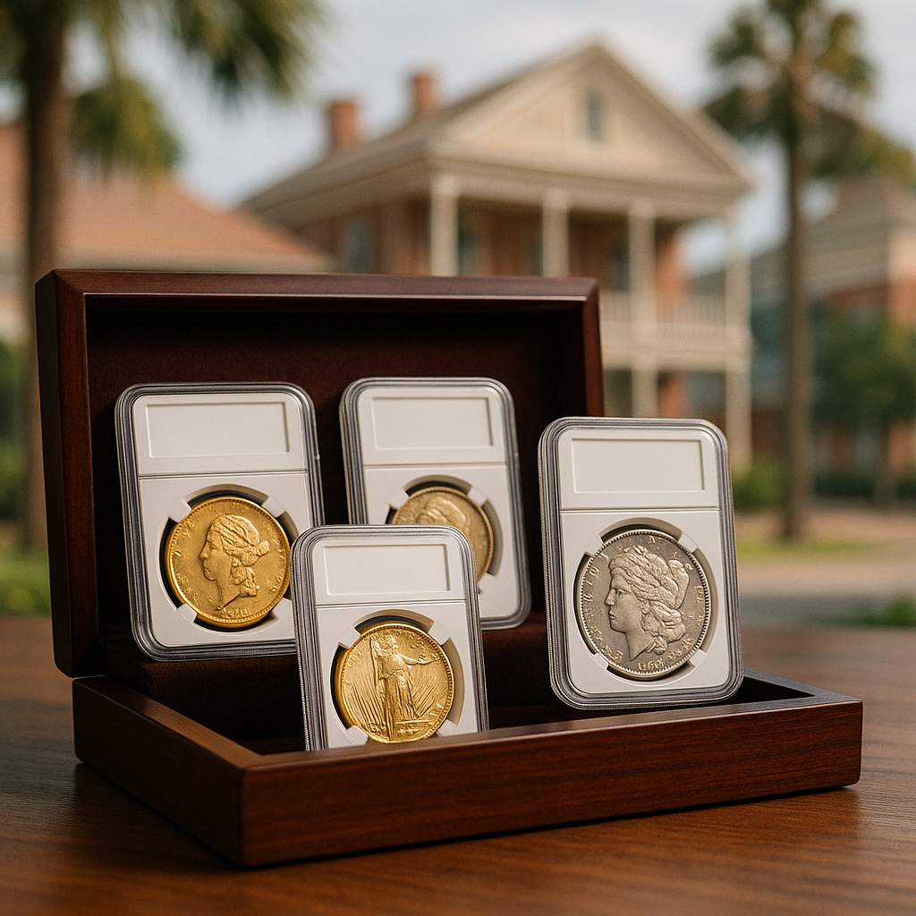 Elegant display of rare gold and silver coins with professional grading labels, showcasing a curated collection for discerning collectors