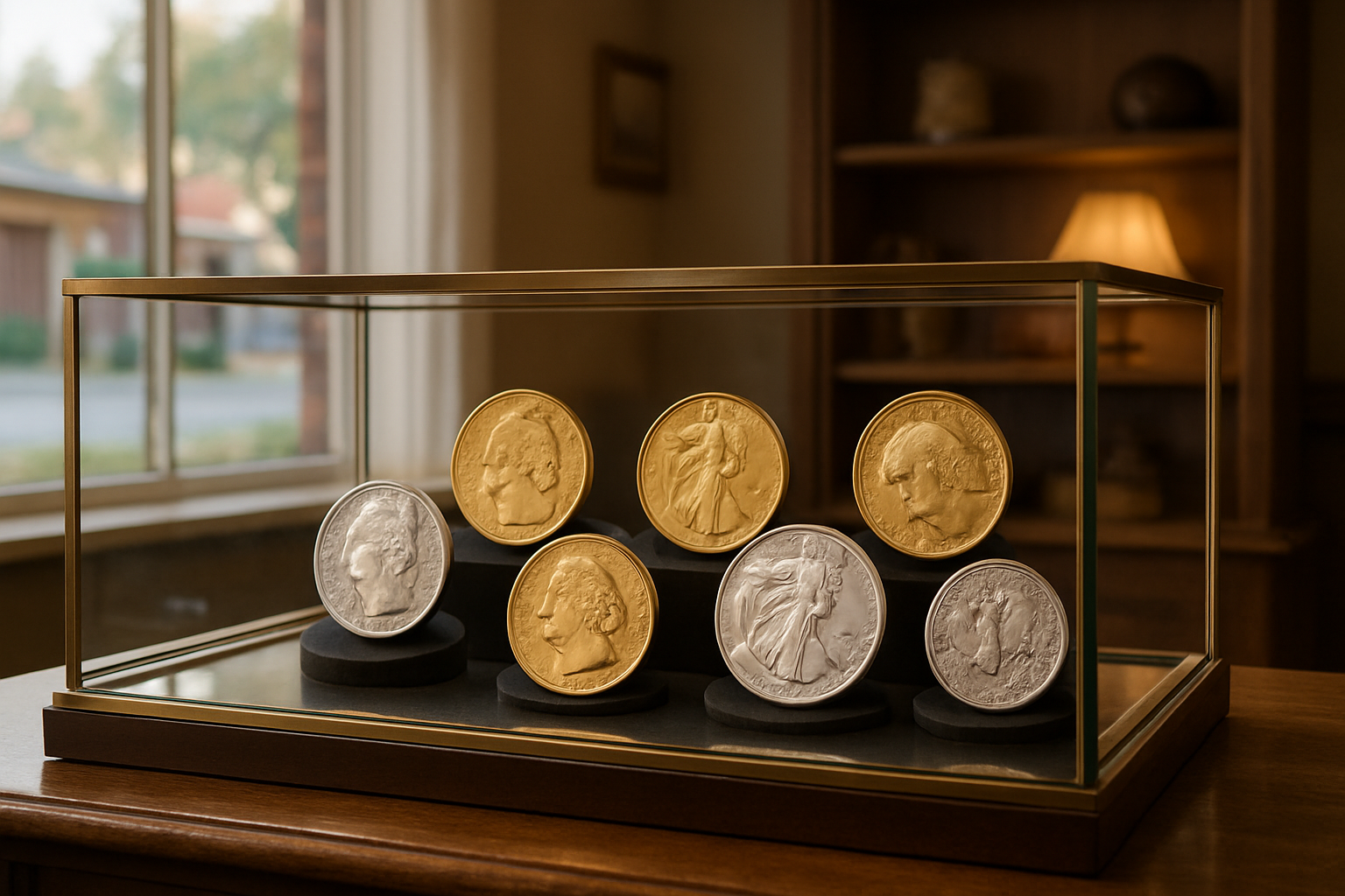 Elegant display of rare gold and silver coins in a glass case, highlighting their intricate details and historic value