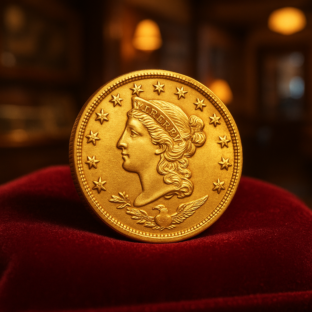 Close-up of a rare, radiant gold coin displayed on a velvet cushion, highlighting intricate engravings and pristine condition