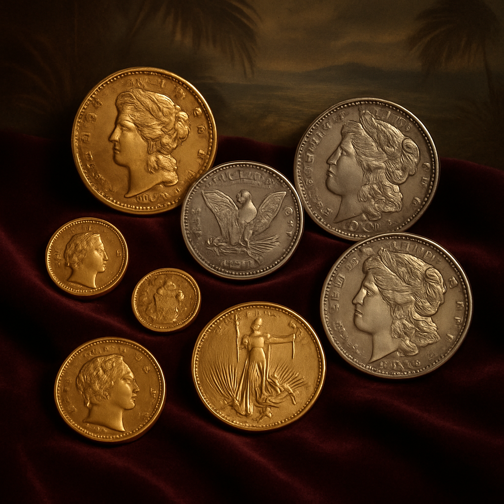 Elegant display of rare gold and silver coins against a rich velvet background, showcasing exquisite details and craftsmanship
