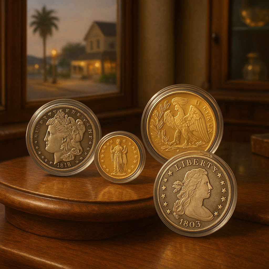 Elegant display of rare and historic coins under soft lighting, showcasing intricate details and craftsmanship