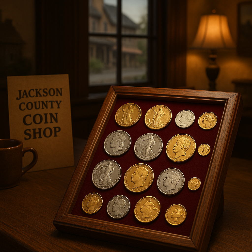 Elegant display of rare and valuable gold and silver coins in a classic wooden case, showcasing Jackson County's trusted coin shop collection