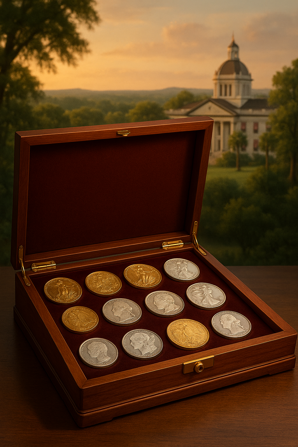 Elegant display of rare gold and silver coins in a luxurious wooden case, showcasing the finest collectible coins available in Leon County, Florida
