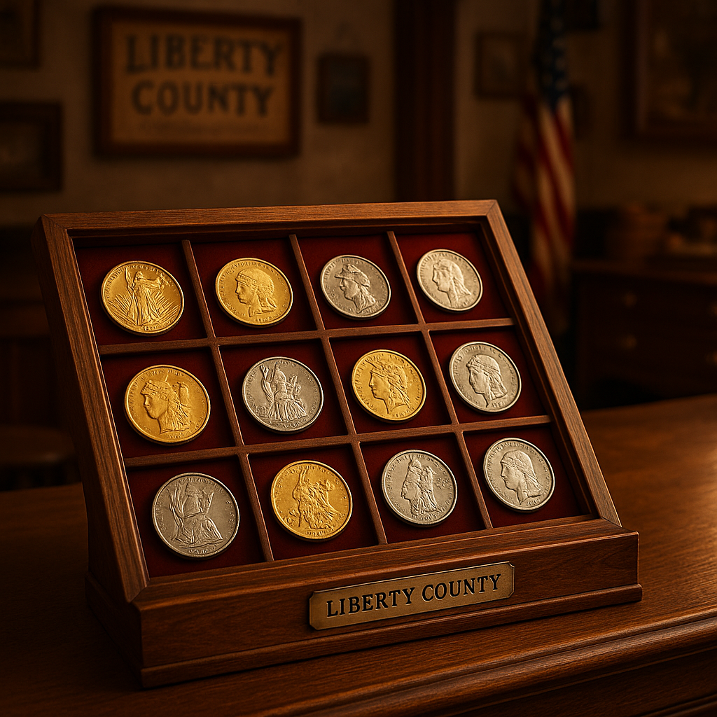 Elegant display of rare gold and silver coins in a vintage wooden case, showcasing Liberty County's premier coin collection