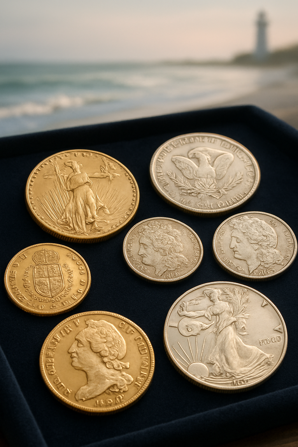 Elegant display of rare gold and silver coins highlighting intricate details and craftsmanship, set against a dark velvet background to emphasize their value and rarity
