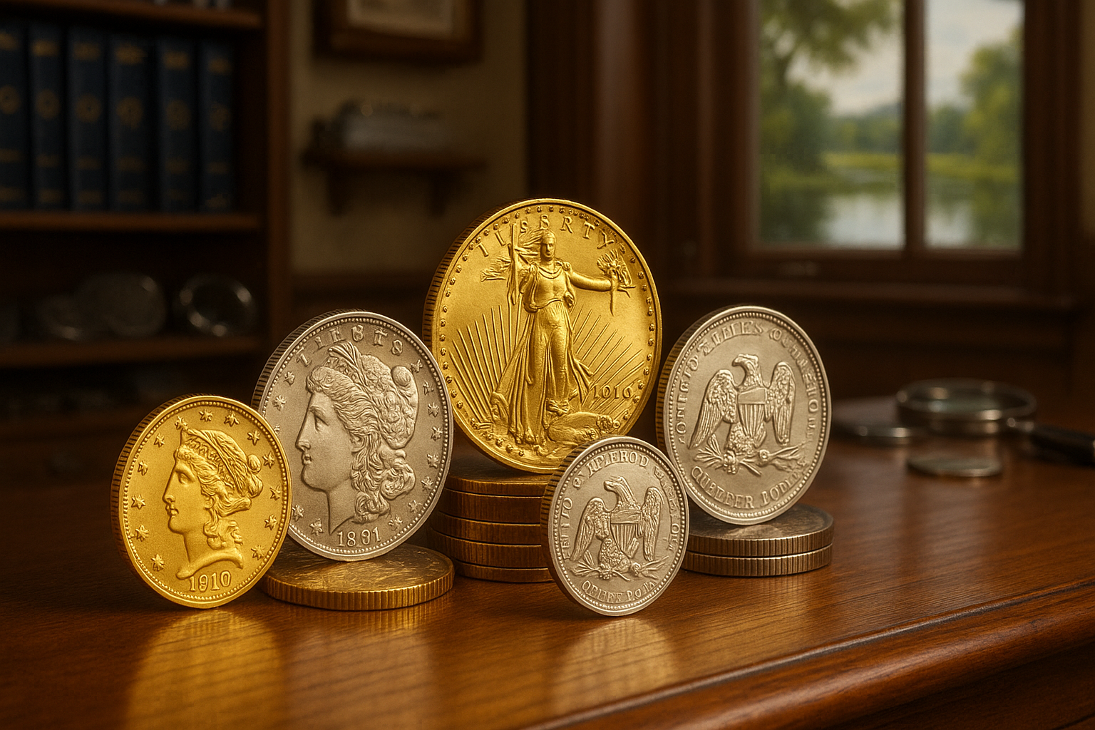Elegant display of rare gold and silver coins with pristine details, showcasing a professional and trustworthy coin collection environment