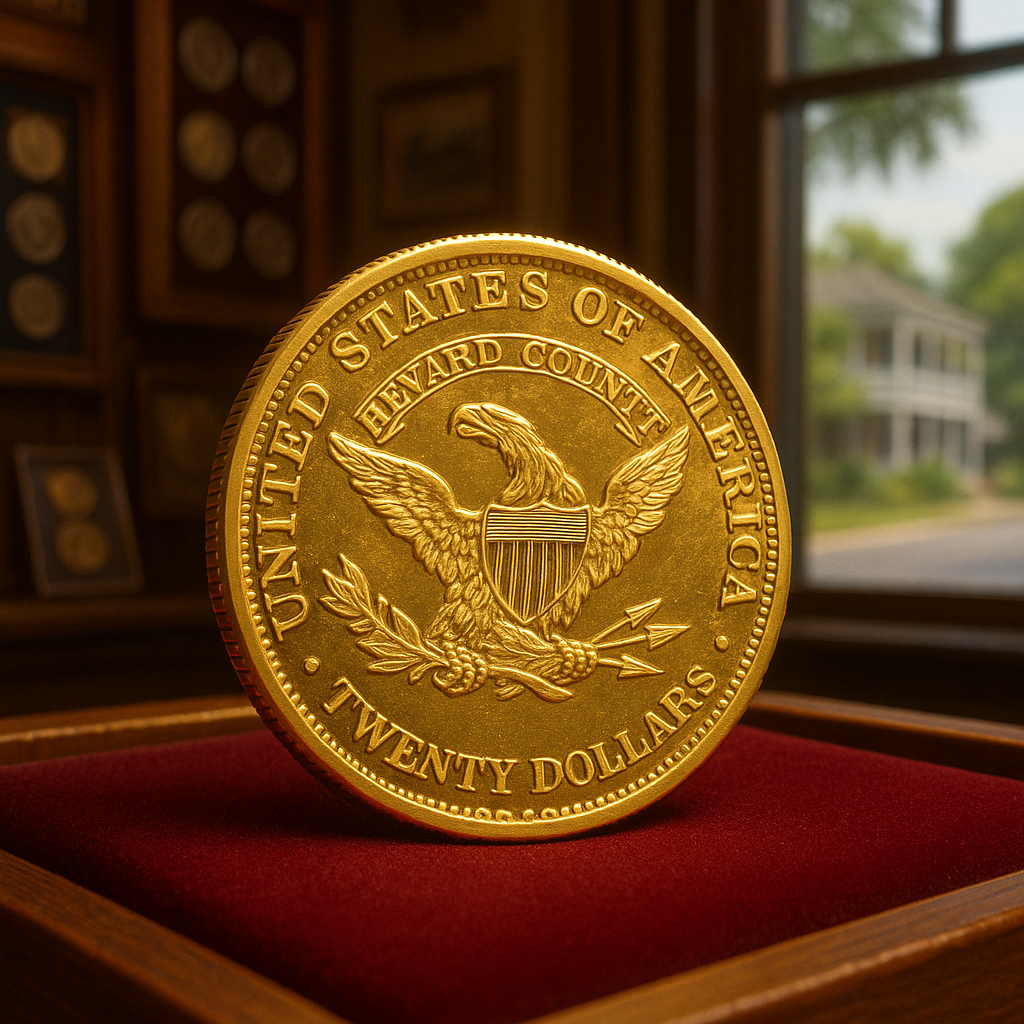 Close-up of a rare, gleaming gold coin resting on a velvet display, highlighting intricate engravings and mint details.