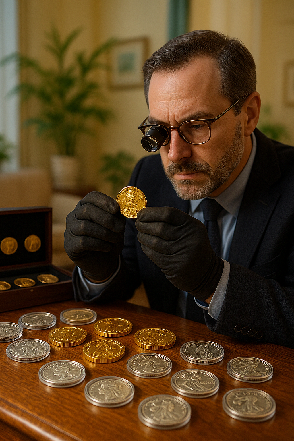 Elegant display of rare gold and silver coins with expert appraiser examining a valuable coin