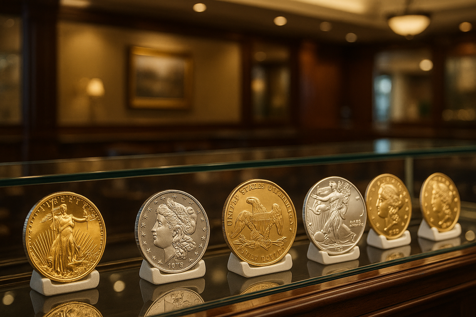 Elegant display of rare gold and silver coins carefully arranged in a glass case at Walton County's trusted coin shop
