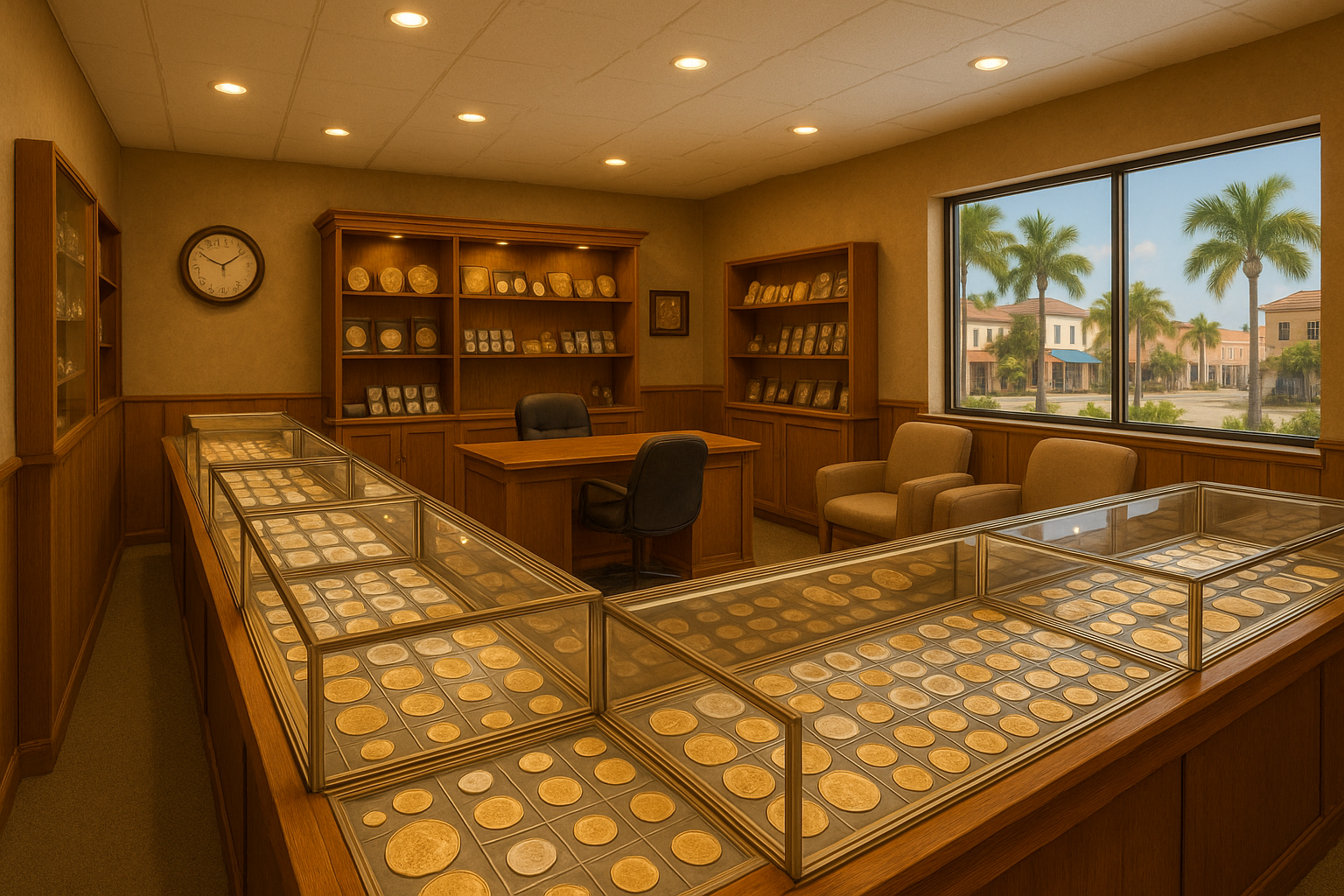 Wide shot of Collier County rare coin shop interior, featuring organized displays and welcoming atmosphere