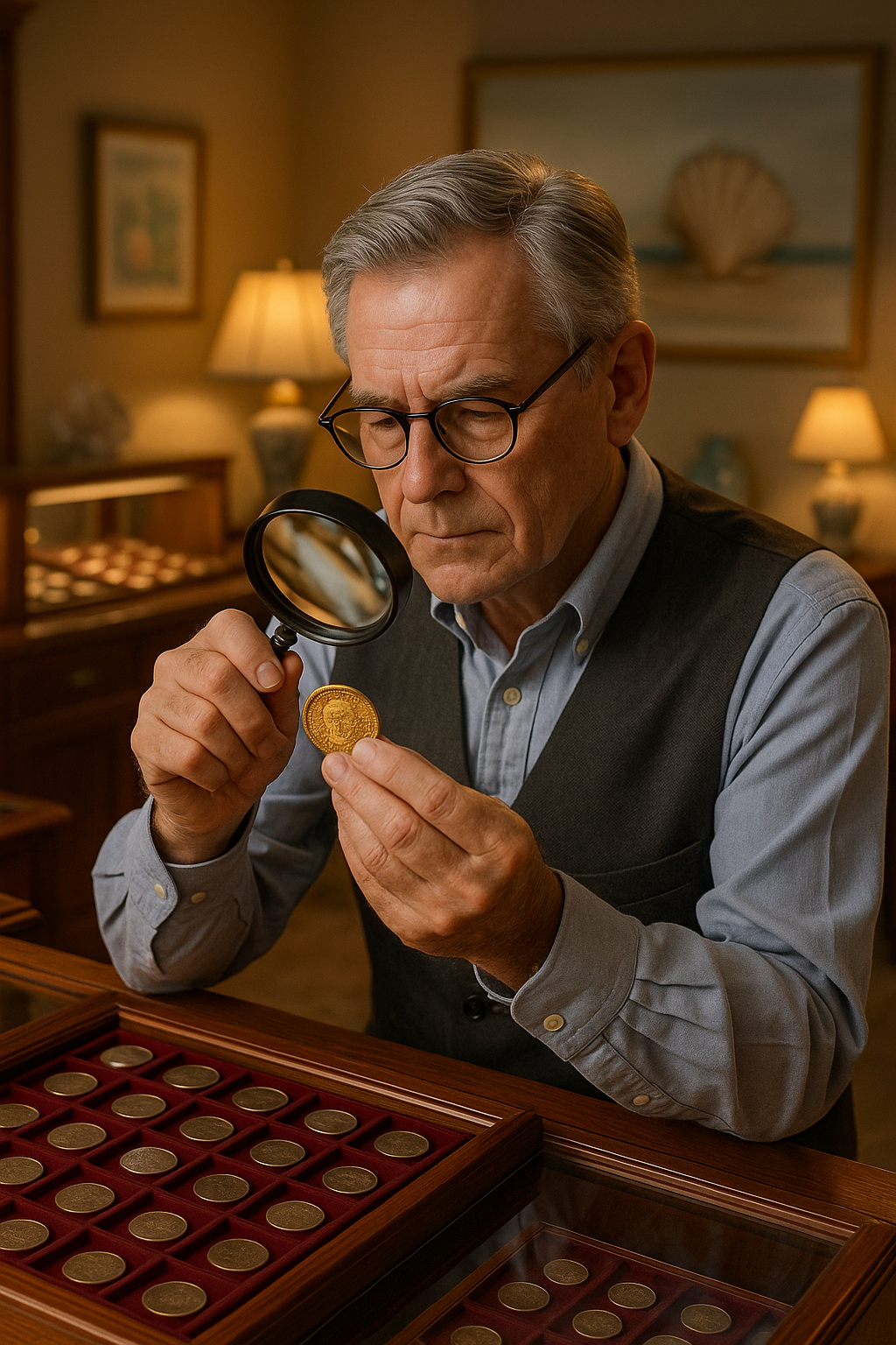 Experienced coin specialist examining a valuable antique coin in a sophisticated shop environment