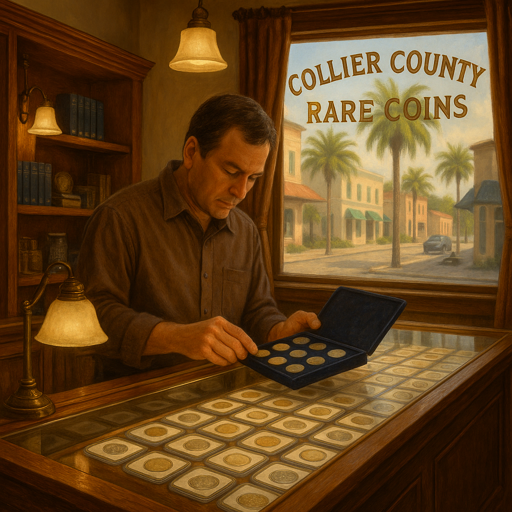 Collector carefully selecting rare coins from a diverse, premium collection at the shop