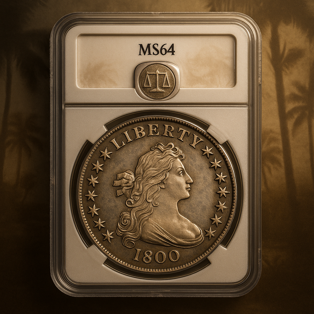 Close-up of a certified rare coin with visible grading details, highlighting authenticity and expert appraisal