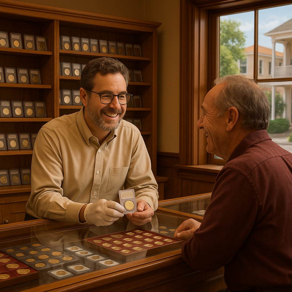 Personalized customer service interaction between collector and expert staff in a welcoming shop environment