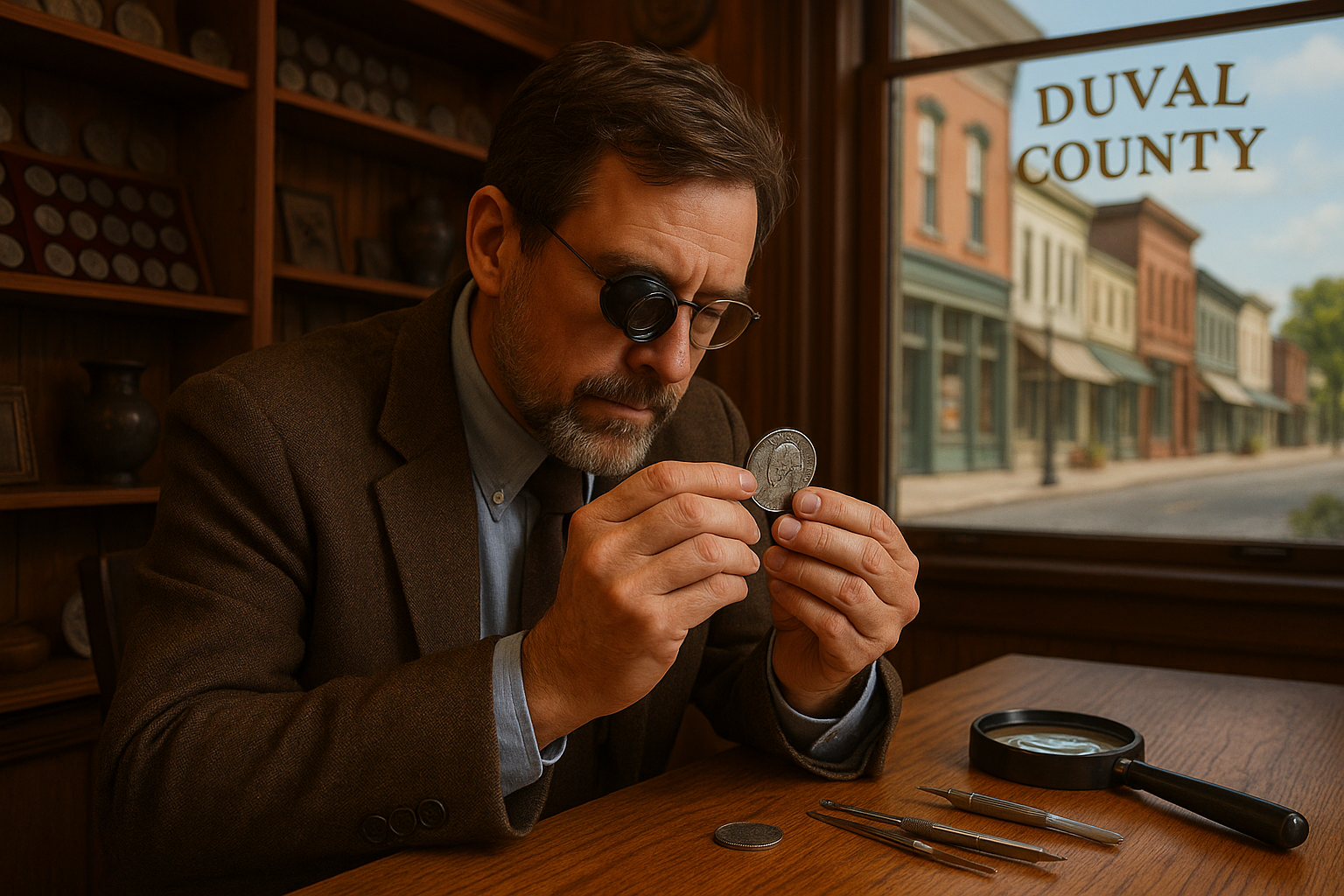 Professional numismatist carefully examining an antique silver coin under magnification