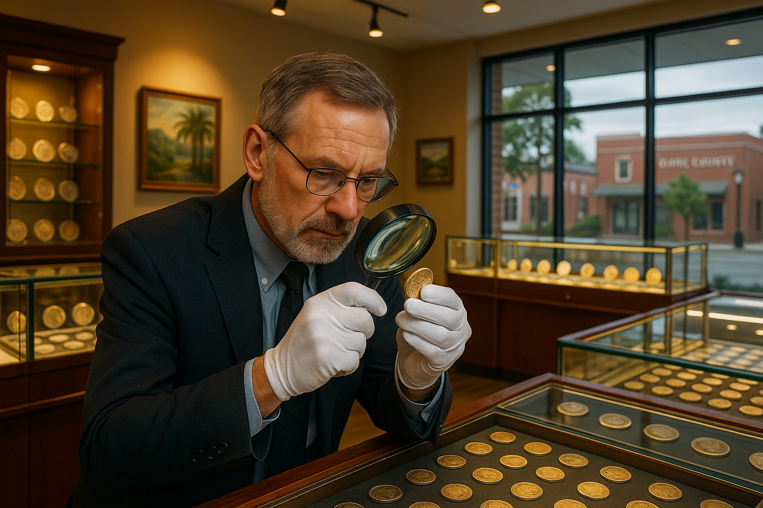 Experienced coin appraiser providing expert consultation in a well-lit modern shop interior