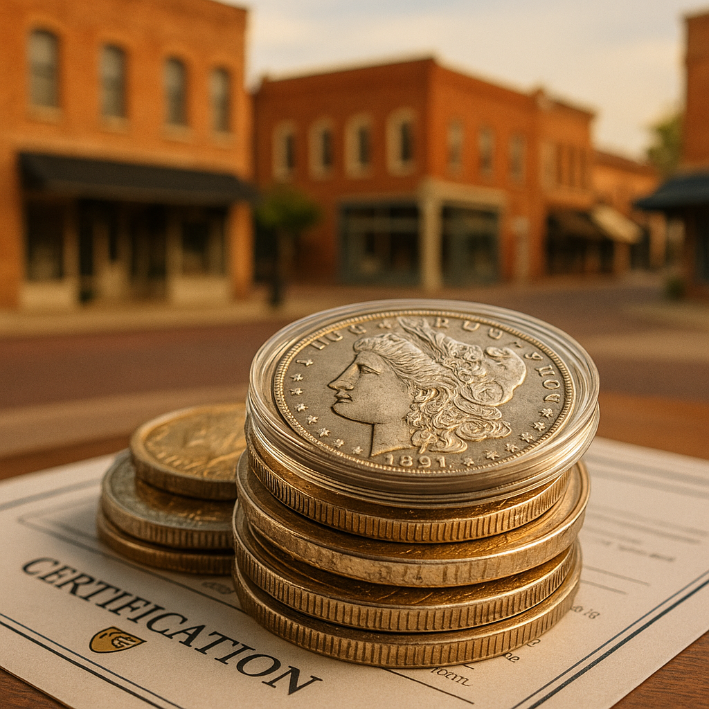 Stack of authenticated coins with certification papers symbolizing trustworthy and secure investments