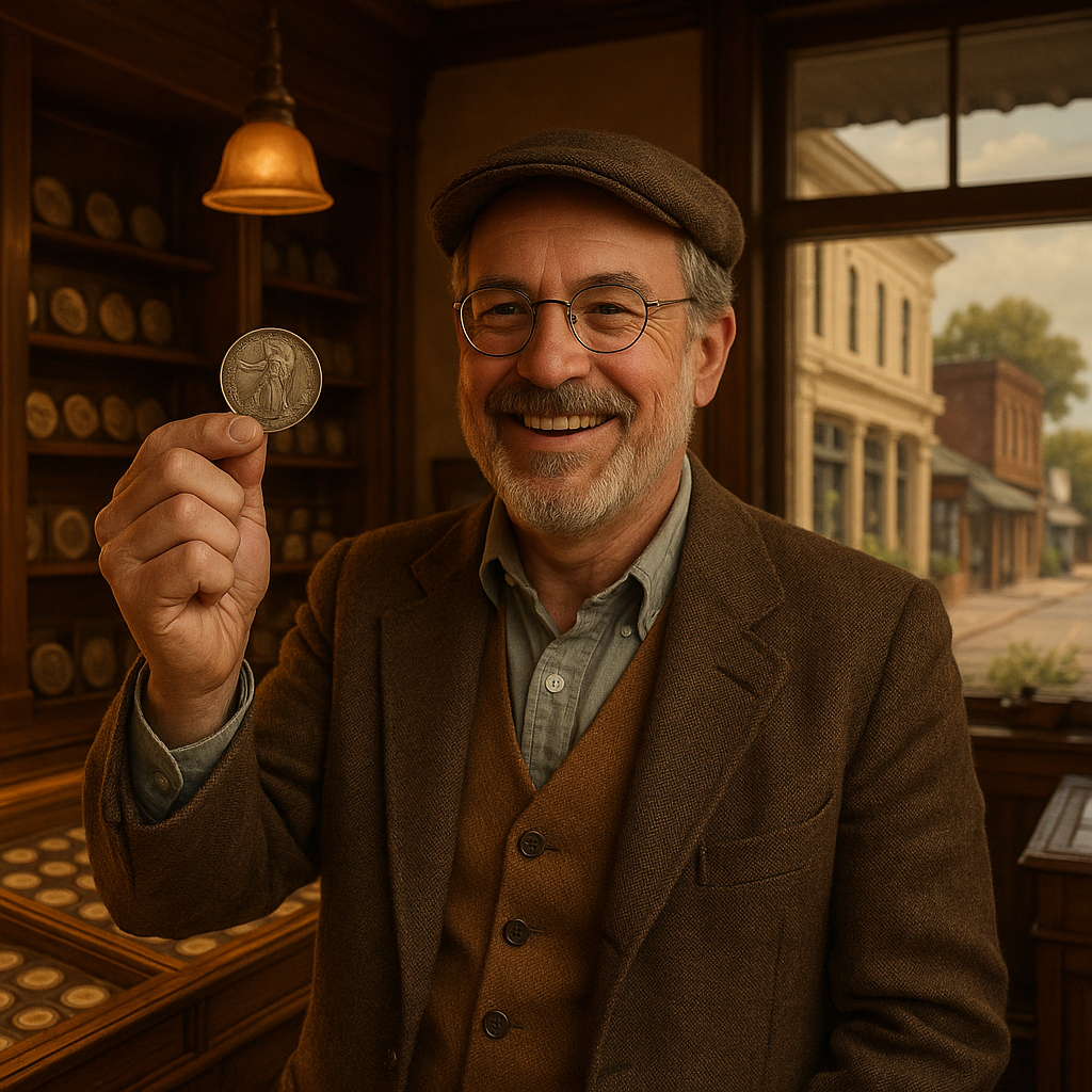Collector proudly showcasing a newly acquired vintage coin from Duval County's trusted shop