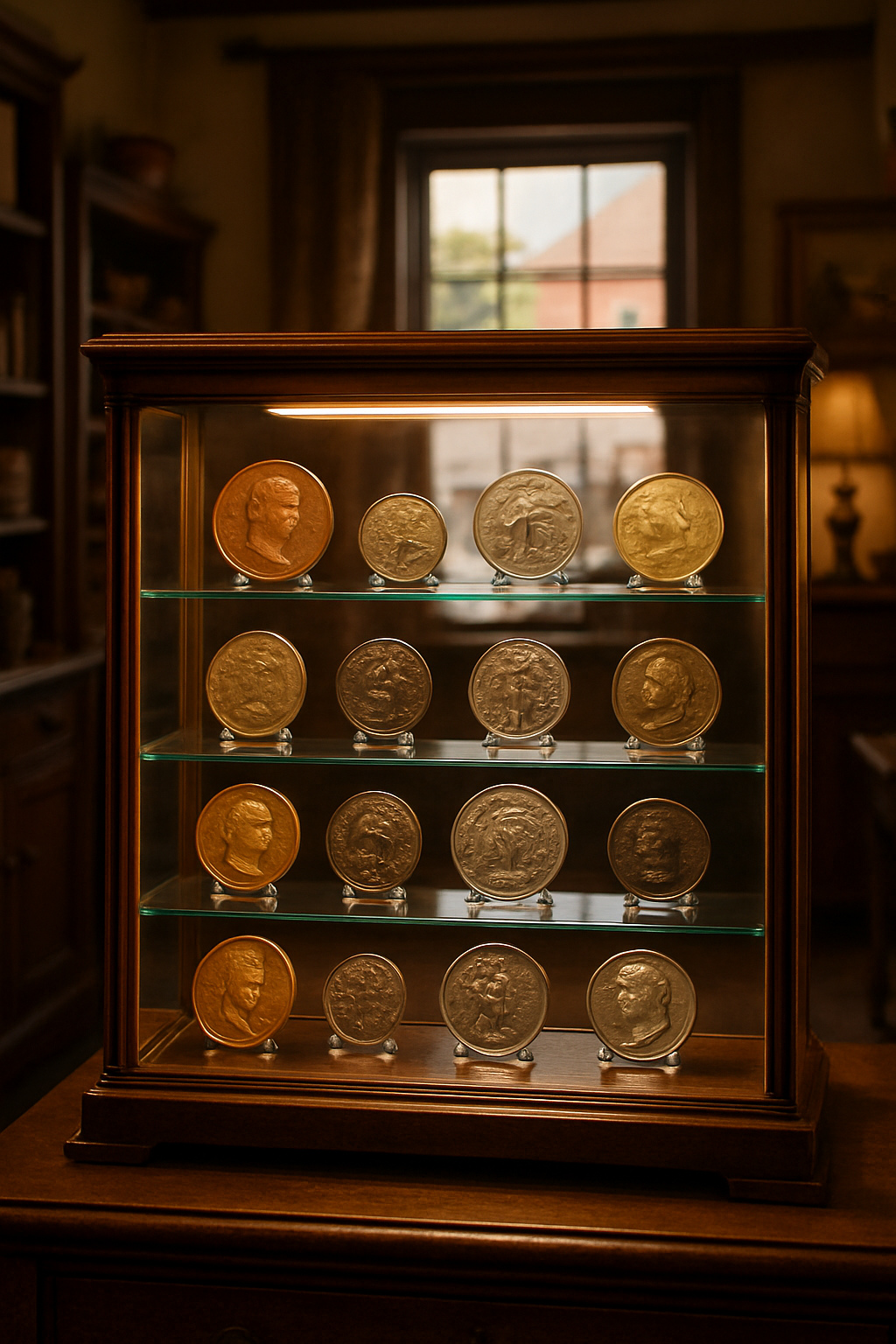 Elegant display case filled with diverse rare coins from various eras and origins