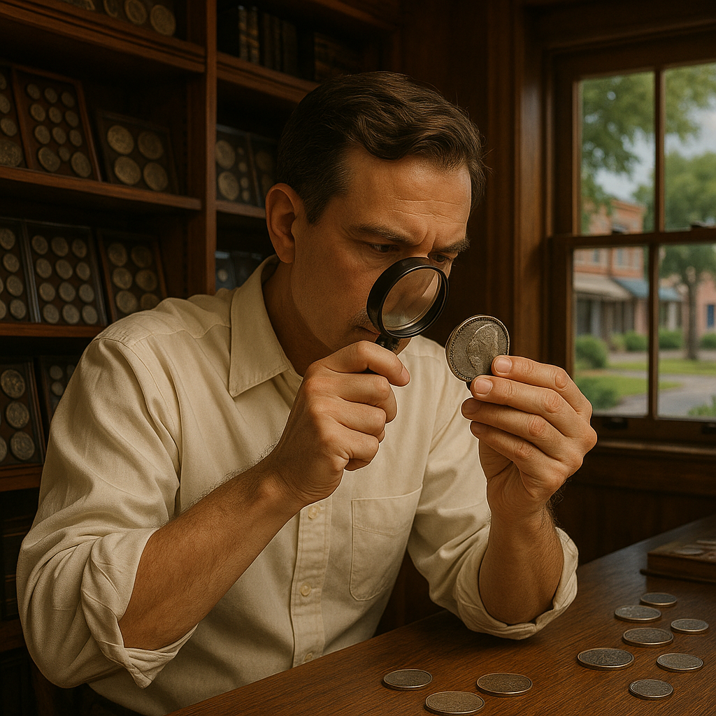 Professional numismatist appraising a vintage silver coin with magnifying glass