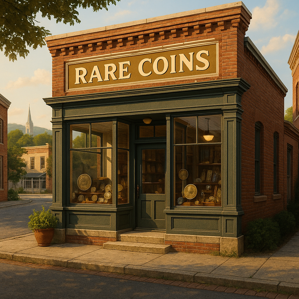 Gadsden County rare coin shop storefront with welcoming signage and classic design