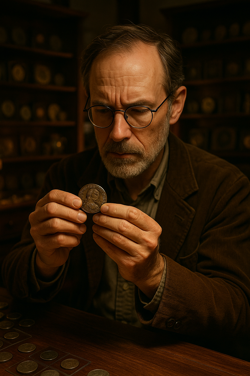 Collector examining a unique ancient coin under soft, focused lighting