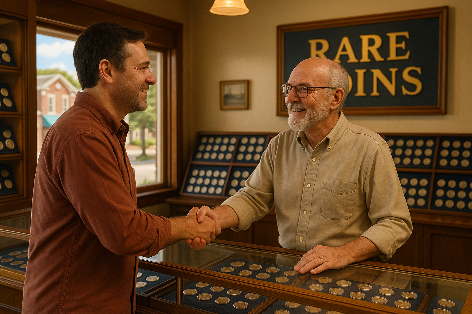 Satisfied customer shaking hands with expert staff after personalized coin consultation
