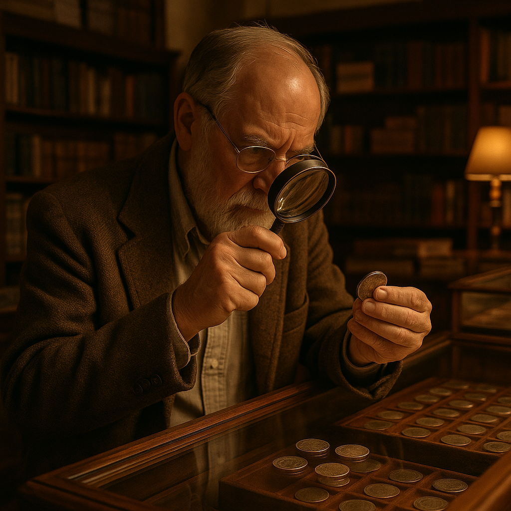 Experienced coin expert carefully examining antique coins with magnifying glass in classic shop setting
