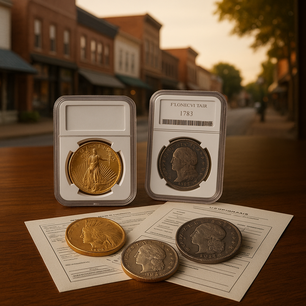 Professional certification documents and grading reports accompanying premium rare coins