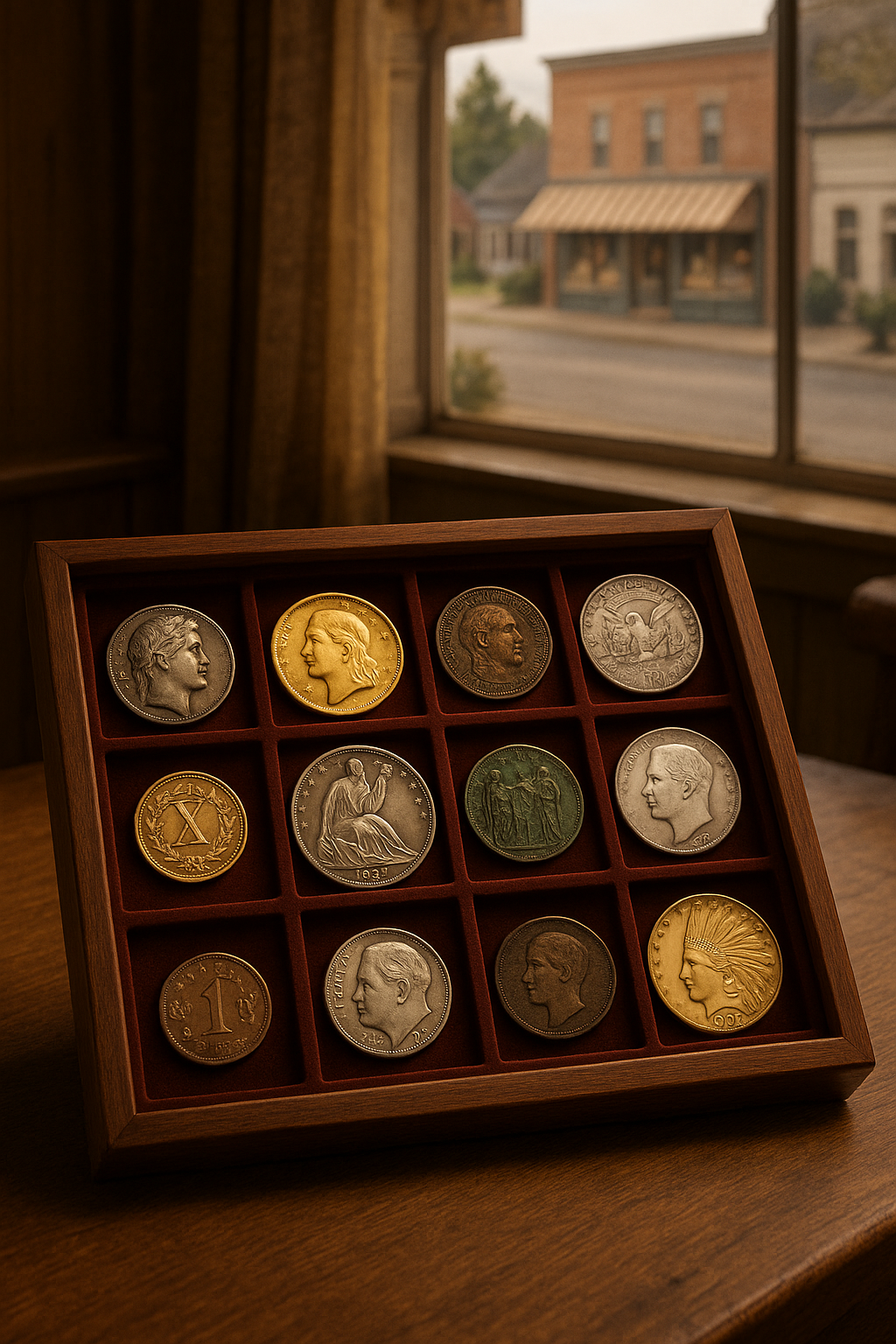 Showcase of diverse rare coins from different eras arranged neatly in a collector's display case