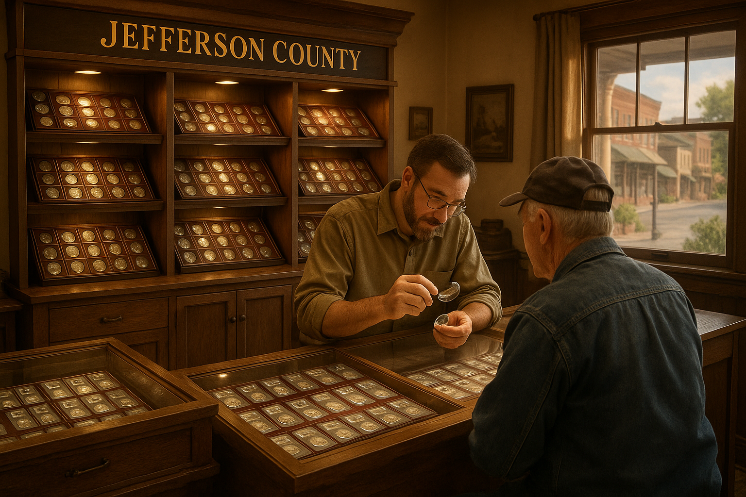 Interior view of Jefferson County’s trusted coin shop with well-organized shelves and knowledgeable staff assisting customers
