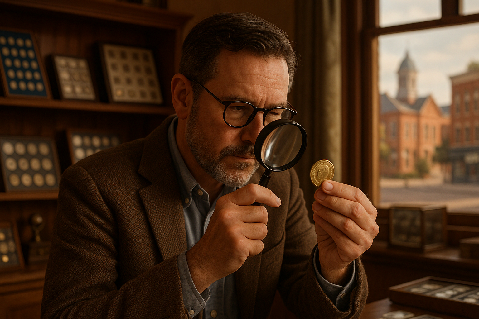 Professional numismatist examining a rare coin under magnification, highlighting expert appraisal services